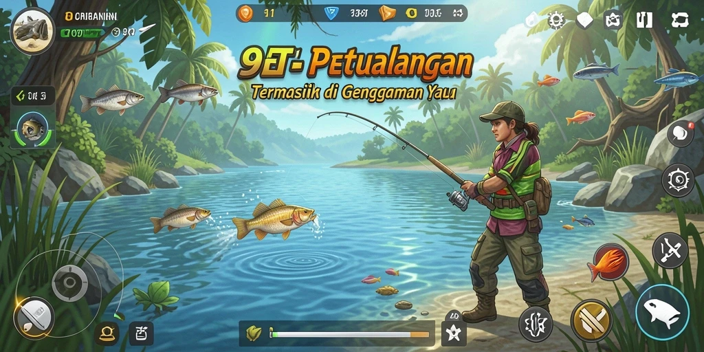 Screenshot gameplay 9ET menunjukkan aksi memancing yang seru dan menakjubkan.
