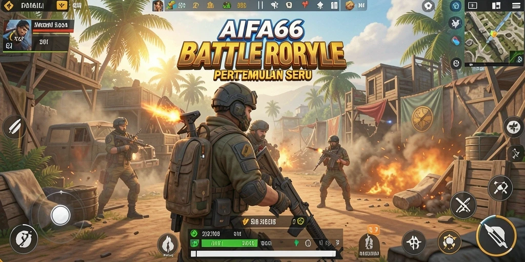 Screenshot utama AIFA66 yang menunjukkan aksi intens dalam pertempuran Battle Royale.