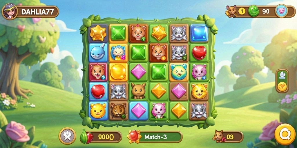 Tampilan gameplay <strong>DAHLIA77</strong> yang seru dan menantang dalam genre Match-3.
