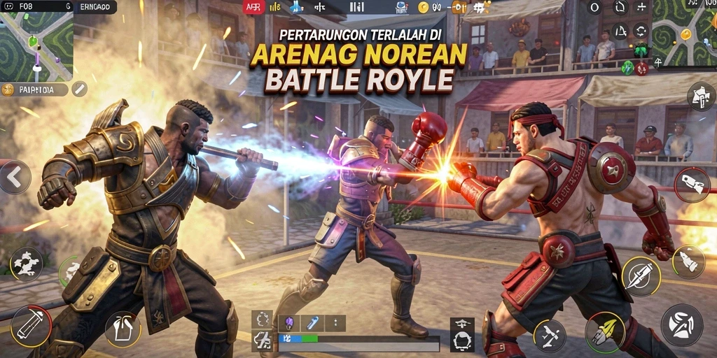 Tampilan aksi seru dalam permainan Battle Royale F08.