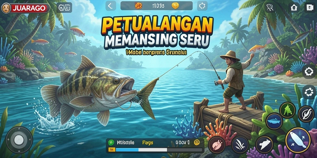 Menampilkan aksi seru dan gameplay JUARAGO dengan tema memancing.