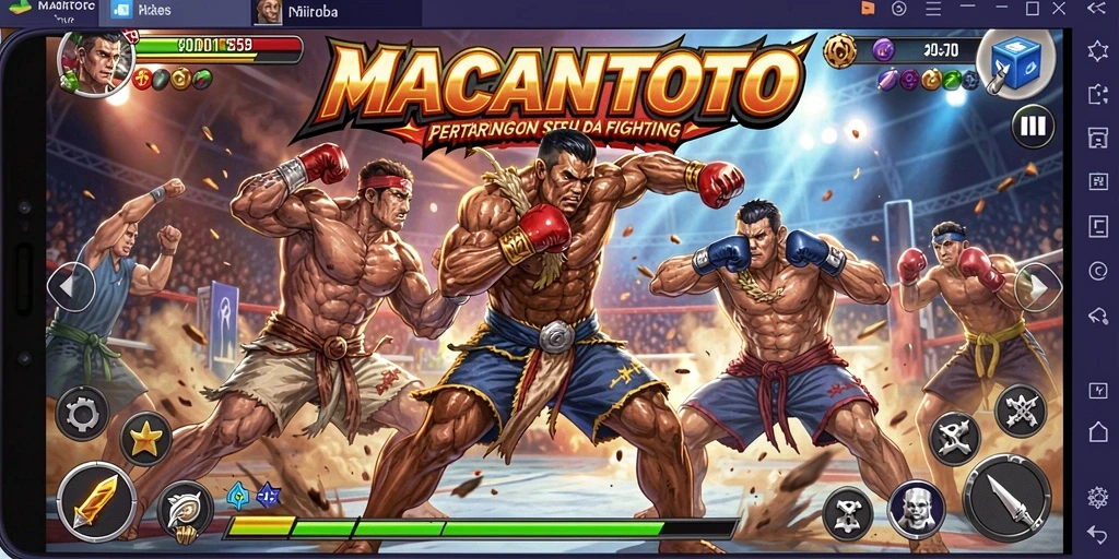 Screenshot utama MACANTOTO menampilkan pertarungan intens dan karakter dinamis.