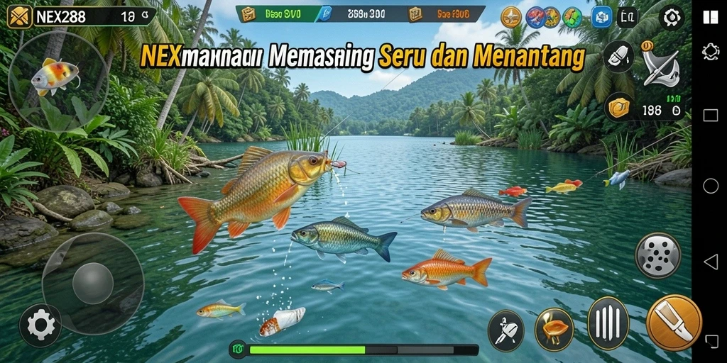 Screenshot gameplay NEX288 menampilkan momen menangkap ikan yang seru.