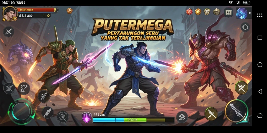 Screenshot gameplay PUTERMEGA menampilkan pertarungan seru antara karakter.