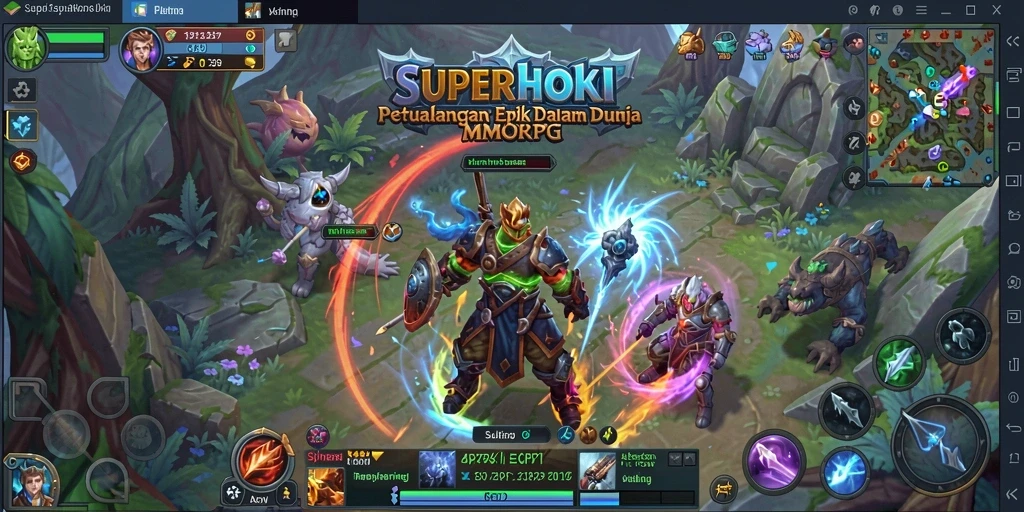 Screenshot gameplay SUPERHOKI menampilkan pertempuran seru dan dunia yang luas.